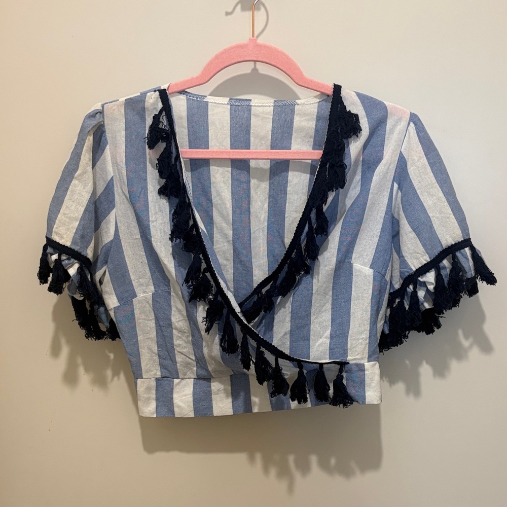 Striped Blue & White Tassel Trim Crop Top